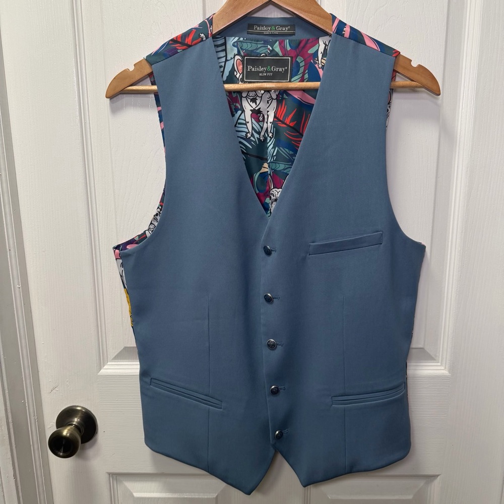 Paisley & Gray Men’s Slim Fit Suit Vest, French Bulldog, Large, Blue, Prom